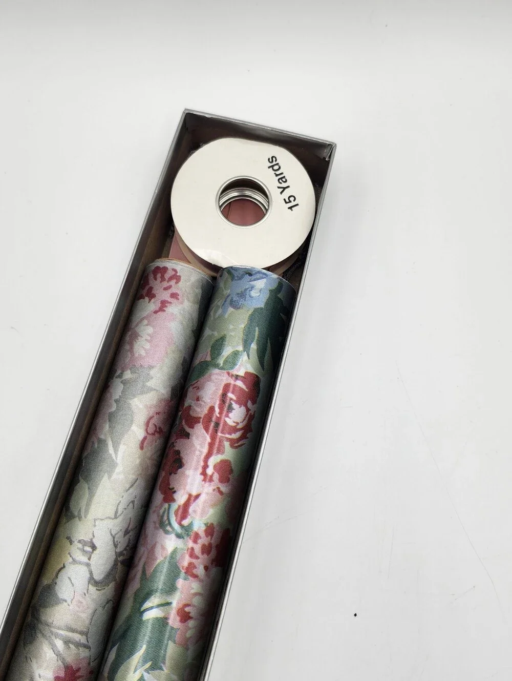 Vintage New Sally FOSTER Silver Floral Roses Wrapping Paper Rolls Card Ribbon